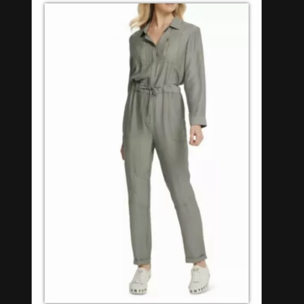 Dkny Womens Button Front Drawstring Jumpsuit Olive - image 1